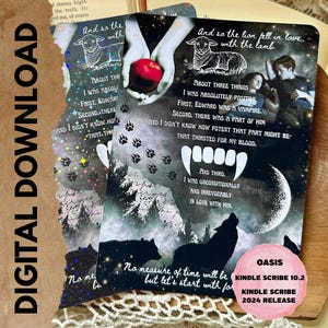 May include: Digital download featuring two cards with quotes and illustrations. One card has a lamb, the other has a vampire and a wolf. The text includes phrases like "And so the lion fell in love with the lamb" and "Kindle Scribe 10.2".