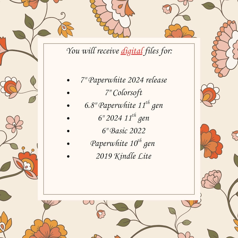 Pu&ograve; includere: Sfondo color crema con un motivo floreale nei toni del pesca, arancione e verde. Una cornice rettangolare bianca contiene un elenco di file digitali per vari modelli Kindle, tra cui Paperwhite e Kindle Lite.
