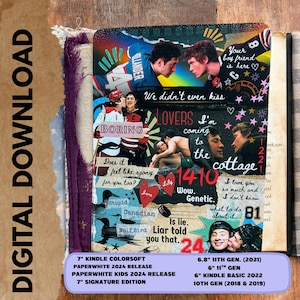 Könnte beinhalten: Ein digitaler Download-Bild mit einer Collage aus Fotos und Text. Die Collage enthält Bilder von Hockeyspielern, romantischen Szenen und handgeschriebenem Text wie "LOVERS" und "cottage". Das Bild listet auch Kindle-Modelle und -Größen auf.