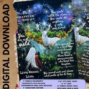以下が含まれることがあります： 白い牡鹿、王女、星空を描いたファンタジーイラストのデジタルダウンロード。「You do not yield」と「You could rattle the stars」のテキストが含まれています。さまざまなKindleモデルに対応しています。