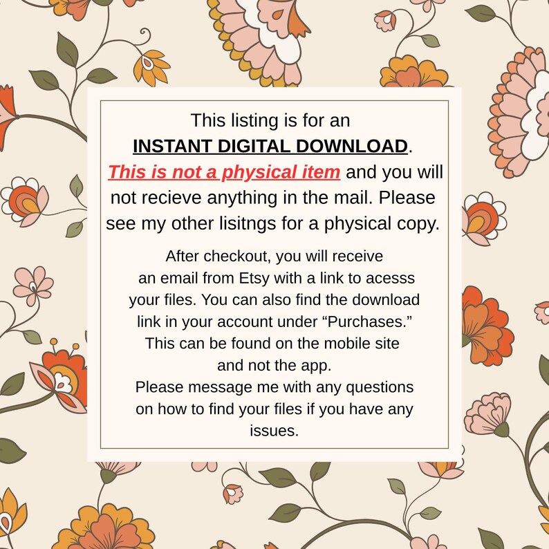 Pu&ograve; includere: Sfondo color crema con un motivo floreale nei toni del pesca, arancione e verde. Un riquadro bianco contiene testo che indica che questo elenco &egrave; per un download digitale istantaneo, non un articolo fisico.
