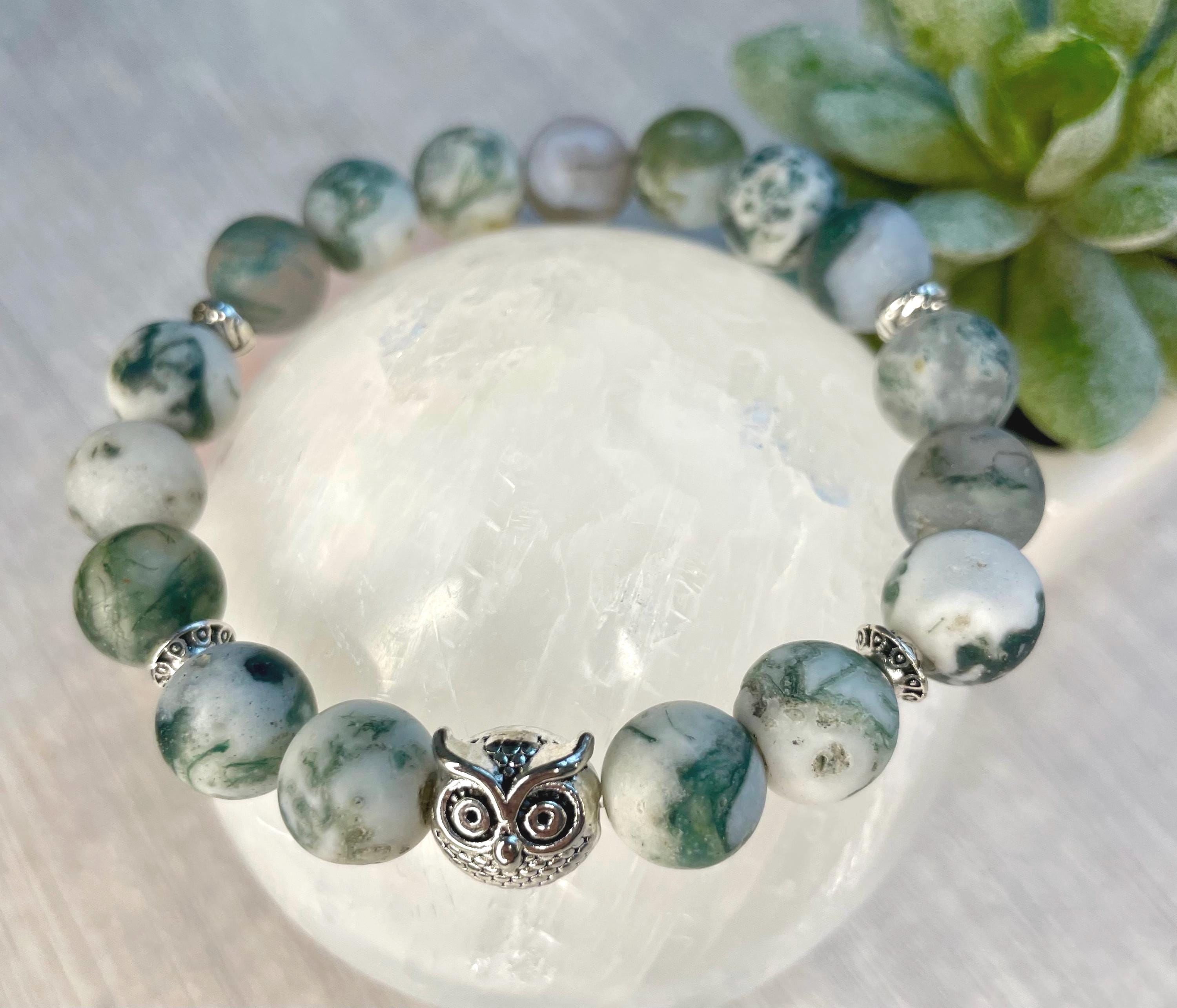 Tree Agate 8mm Bracelet with Owl Charm | Authentic Gemstone Jewelry | Grounding, Wisdom, and Emotion