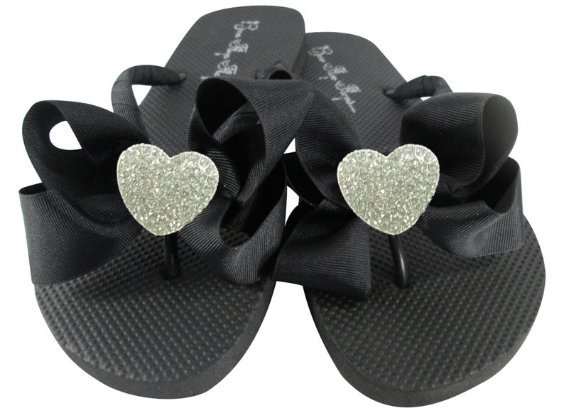 Ladies and Child Sizes Prom Black Rhinestone on Flat or Wedge Heel Fleur de Lis Bow Flip Flops Gymnastics Bridesmaids Pageant Sandals