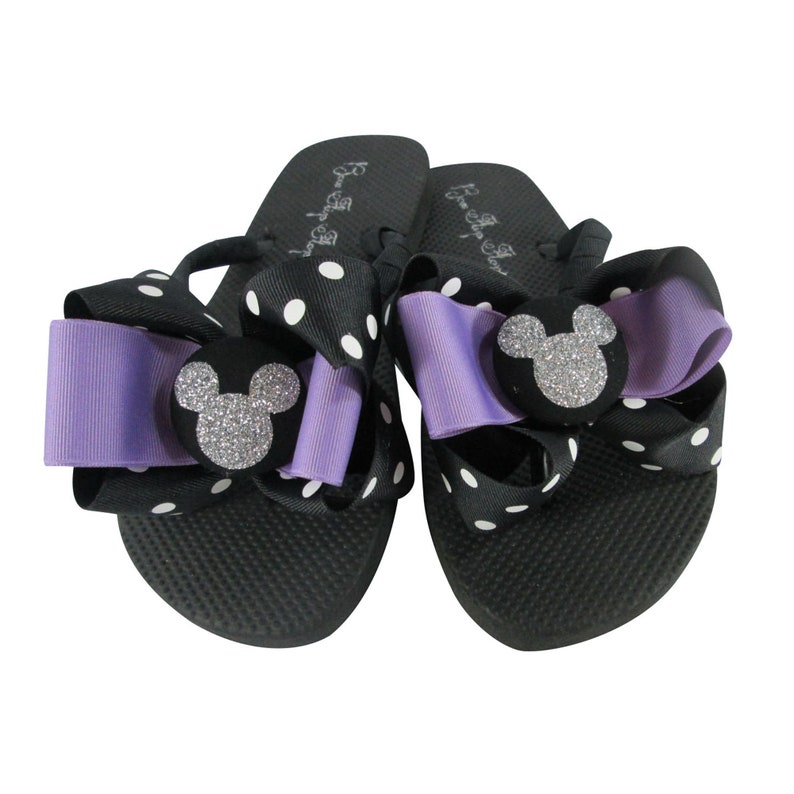 Disney Silver Glitter and Black Polka Dot Bow Flip Flops for ladies and girls of all ages custom colors Purple