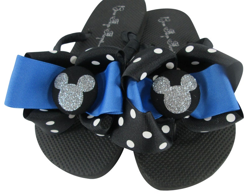 Disney Silver Glitter and Black Polka Dot Bow Flip Flops for ladies and girls of all ages custom colors Purple