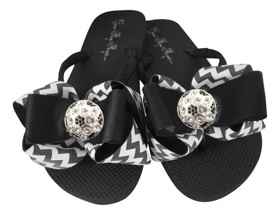 Soccer Bling Flip Flops with Bows black and white chevron/ | Etsy