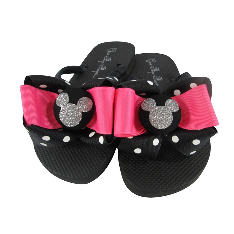 Disney Silver Glitter and Black Polka Dot Bow Flip Flops for ladies and girls of all ages custom colors Purple