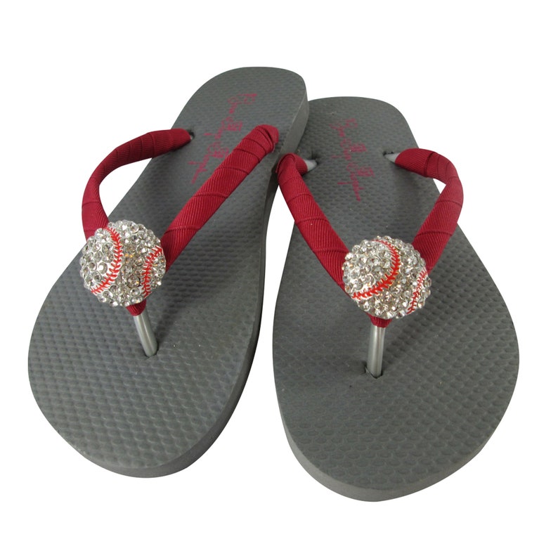 Rhinestone Baseball Flip Flops Player Team Gift Gray and Cranberry Red or Choose Colors Baseball Mom Flip Flop Sandals