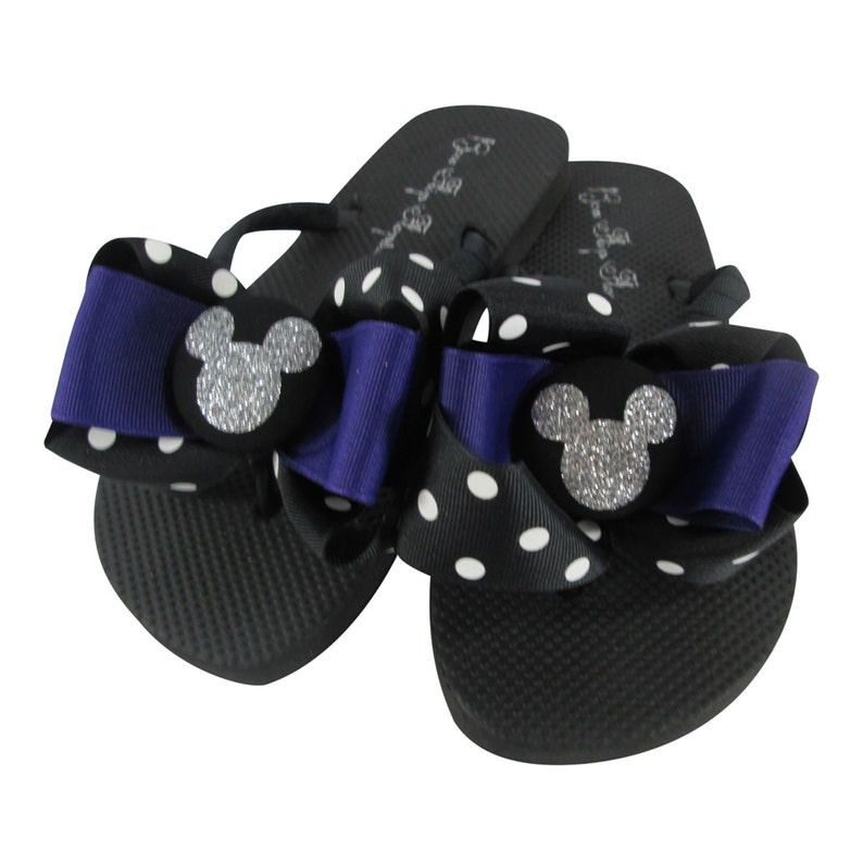 Disney Silver Glitter and Black Polka Dot Bow Flip Flops for ladies and girls of all ages custom colors Purple