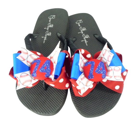 Baseball Bow Glitter Flip Flops Electric Blue & Red Polka