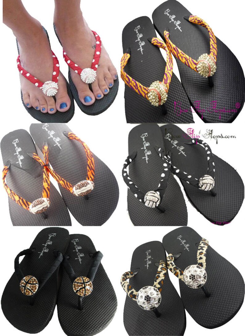Softball Flip Flops with Bling Rhinestone choose colors ladies baseball moms Black White Polka dot or choose team school colors girls