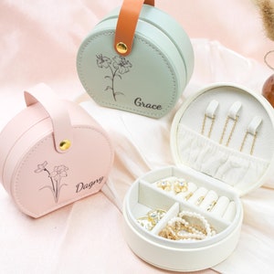Personalized Travel Jewelry Box,Custom Necklace Storage Box,Leather Jewellery Box, Birth Month Jewelry Box for Her, Wedding Bridesmaid Gifts