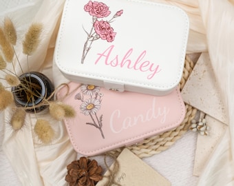 Personalized Birth Flower Jewelry Box,Custom Floral Jewelry Case,Birthday Gifts for Women, Travel Jewelry Box, Bridesmaid Gifts,Gift for Her