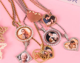 Anpassat fotohängehalsband, diamantänglavingehalsband i guld, personlig present till henne, hjärthalsband, mästarehalsband, present till mamma