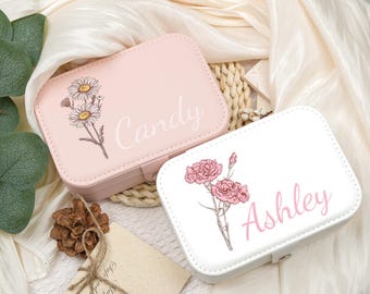 Personlised Floral Jewelry Case, Personalized Birth Flower Jewelry Box, Birthday Gifts, Travel Jewelry Box, Birth Month Jewelry Box for Her
