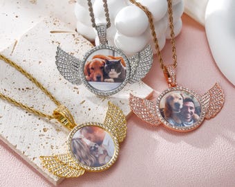 Colgante de collar con foto personalizado, colgante con imagen de recuerdo, collar con foto de alas de ángel personalizado, foto personalizada helada, colgante con foto de hip hop