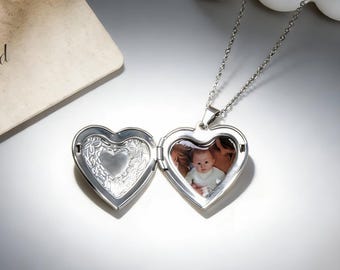 Personalized Heart Locket Charm Necklace, Custom Engraved Necklace, Engraved Heart Locket with Photo, Anniversary Gift, Best Friend Gift