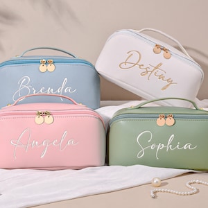 Personalized Leather Embroidered Makeup Bag, Bridesmaid Makeup bag, Custom Makeup Bag, Gift for her, Gift for Bridesmaid