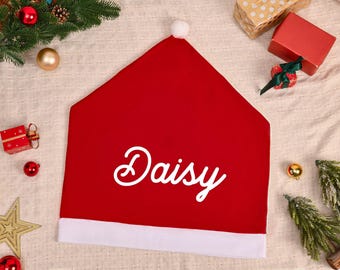 Custom Name Christmas Hat Chair Cover, Santa Hat Chair Back Cover for Dining Room, Holiday Santa Hat Chair Cover, Christmas Decorations