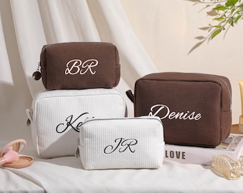 Embroidered Monogram Makeup Bag, Personalized Waffle Cosmetic Bag, Name Toiletry Bag, Bridesmaid Makeup Bag, Gift for her