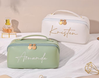 Personalized Leather Embroidered Makeup Bag, Bridesmaid Makeup bag, Custom Makeup Bag, Gift for her, Gift for Bridesmaid