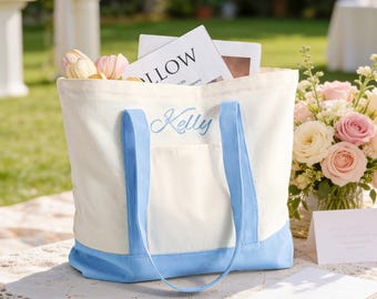 Custom Tote Bag, Bridesmaid Gift, Embroidered Canvas Tote Bag, Beach Bag, Bachelorette Gifts, Gifts for Her, Beach Bag with Ribbon