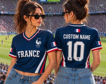 Personalized France Soccer Crop Jersey, Custom Back Name Number Blue Fan Shirt for Women