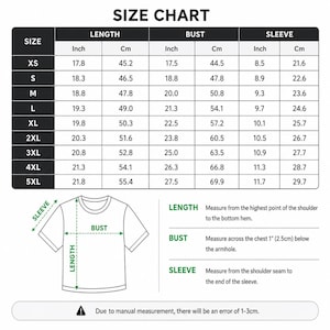 May include: A size chart for t-shirts, displaying measurements in inches and centimeters. The chart includes sizes XS to 5XL, with length, bust, and sleeve measurements. Diagrams illustrate how to measure each area. The text also notes a measurement error of 1-3cm.