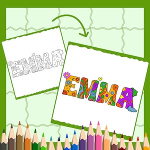 May include: A coloring page featuring the name "Emma" in two versions: one in black and white outline and the other with colorful, intricate designs. The colorful version features flowers, swirls, and dots.