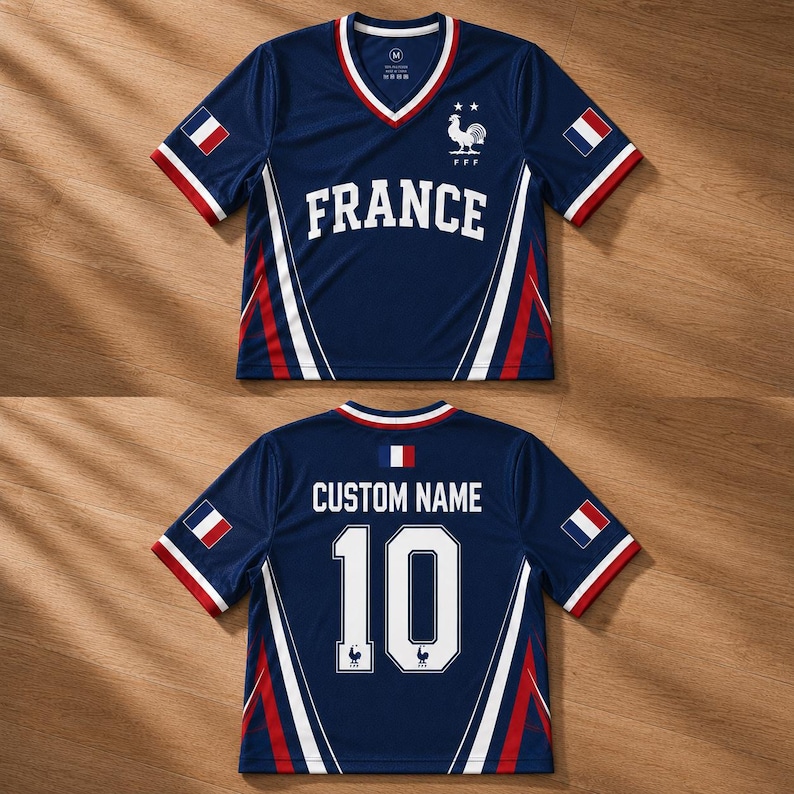 May include: Two navy blue soccer jerseys. The front jersey has a V-neck, the word "FRANCE" in white, and a rooster emblem. The sleeves have red and white trim. The back jersey has "CUSTOM NAME" and the number "10" in white.