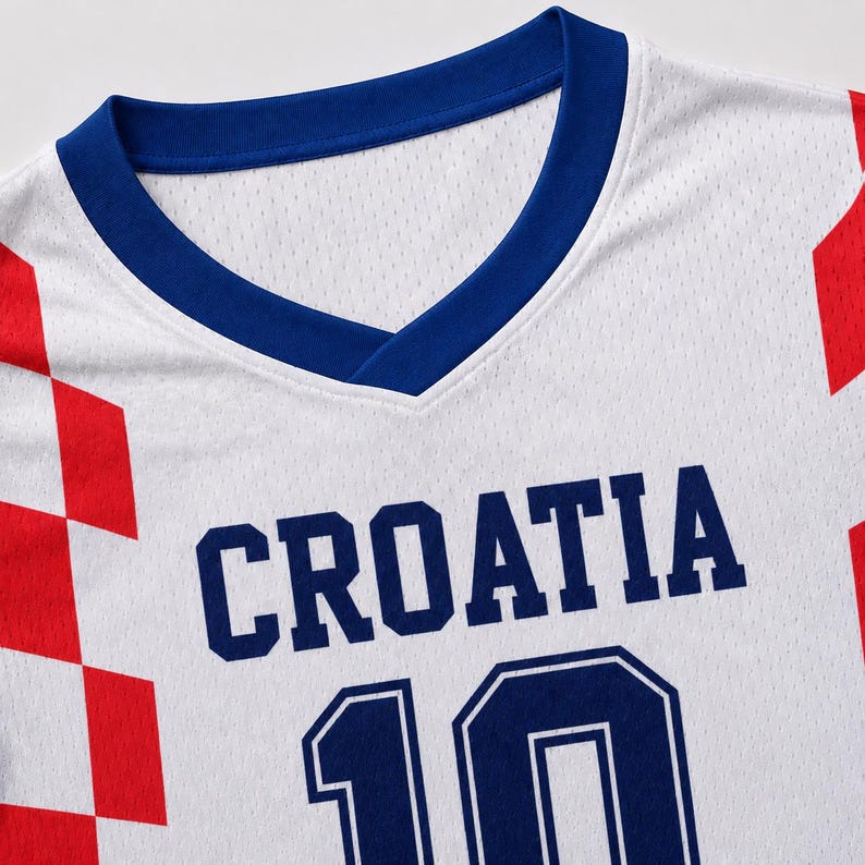 May include: A white mesh sports jersey featuring a blue V-neck collar and the word CROATIA printed in bold blue letters above the number 10. The sides of the jersey display a red and white checkered pattern, characteristic of the Croatian flag design.