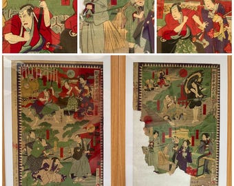 1887 Authentic Ukiyo-e Pair- The Tale of 47 Ronin by Toyohara Kunichika- Meiji Era Artwork