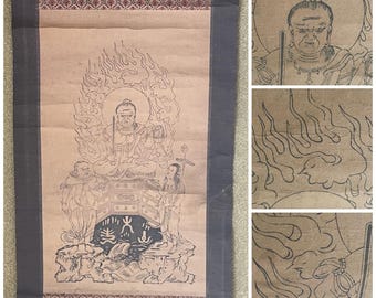 1800–1868 Edo Fudō Myōō with His Two Attendants Hanging Scroll – 91 × 28 cm