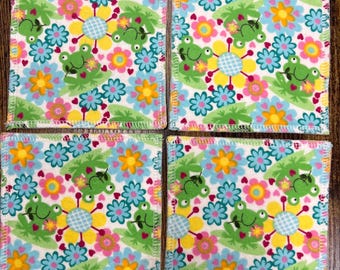Happy Frog with Flowers and Hearts Sustainable Self-Care Reusable Makeup Wipes (set of 4, size of 5.25"x5.25")