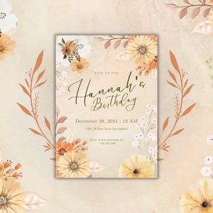 Convite de aniversário com estampa floral rústica | Modelo editável do Canva | Convite Boho de Outono | Download instantâneo