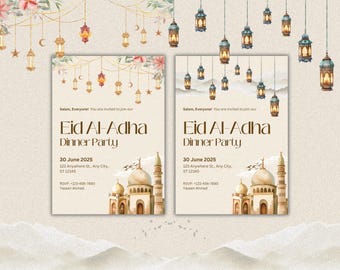 May include: Two identical rectangular invitation cards for an Eid Al-Adha Dinner Party on June 30, 2025. The cards feature watercolor illustrations of hanging lanterns, a mosque with a dome and minaret, and text details for the event.