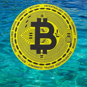 May include: A yellow Bitcoin coin with a black 'B' symbol floats on a background of blue water. The coin's edge features the words 'Bitcoin' and 'Decentralized Digital Currency'. The image evokes themes of finance and cryptocurrency.
