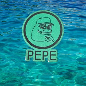 May include: A green circular sign featuring a cartoon frog wearing a cap, with the word "PEPE" below. The sign is set against a backdrop of clear, blue water.