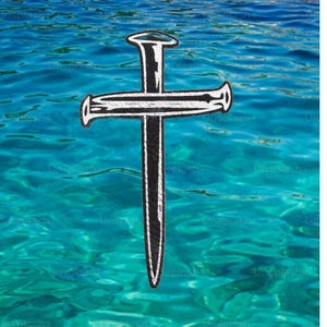 May include: A black and white cross-shaped object, resembling a sword, floats above turquoise water. The object has a central blade and a crossbar with rounded ends. The water's surface reflects light, creating a shimmering effect.