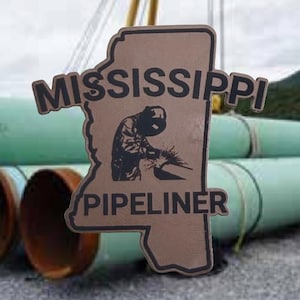 Mississippi Pipeliner welder with pancake hood leatherette patch. Backed with thermal bonding.