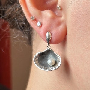 Mussel Shell Silver Earrings with Pearls, Mussel Shell Earrings, Genuine Silver Earrings, Genuine Pearl Earrings, Gift for Her
