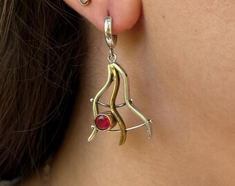Garnet Silver Earring, 925 Sterling Silver, Handmade Modern Art Design, Asymmetrical Jewelry