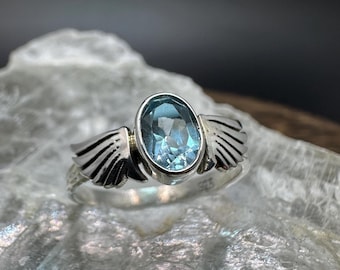 Natural Blue Topaz Ring, Handmade Angel Wing Ring, 925 Sterling Silver, Genuine Gemstone Jewelry
