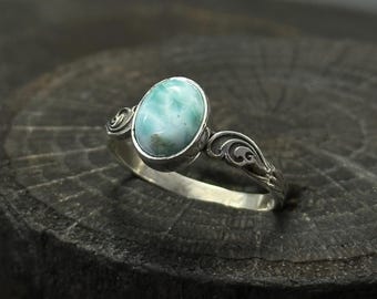 Natural Larimar Ring, Wave Ring, 925 Sterling Silver, Genuine Gemstone Jewelry