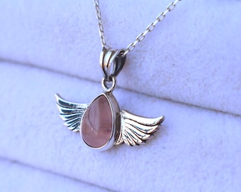 Rose Quartz Necklace, 925 Sterling Silver Jewelry, Angel Wing Pendant, Handmade Gemstone