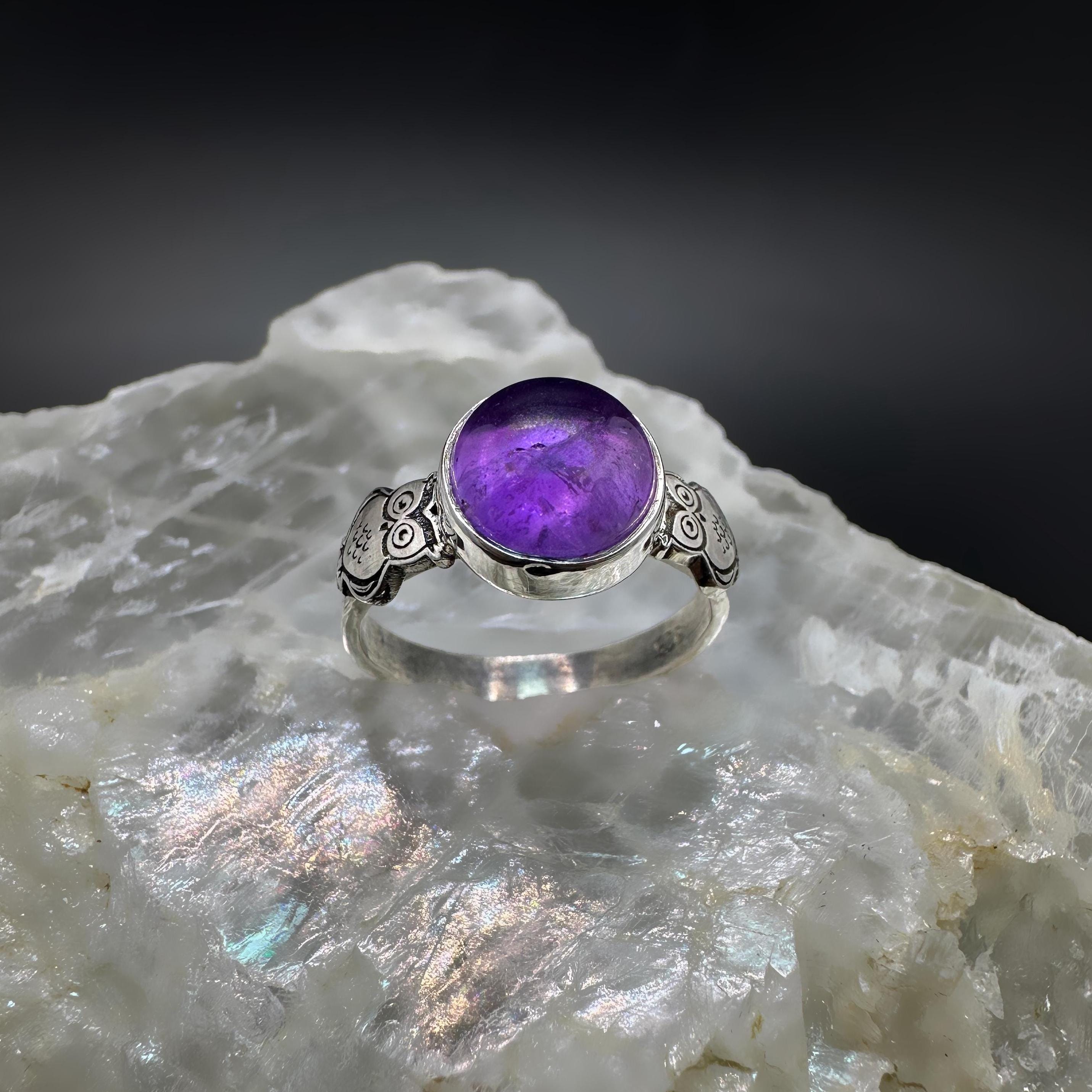 Amethyst Ring, Owl Ring, Handmade Gemstone Jewelry, 925 Sterling Silver