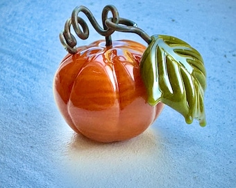 Orange glass pumpkin Pendant charm with leaf