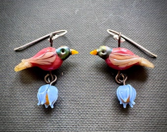 Lampwork robin earrings with bluebell flower drops