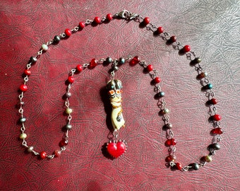 Flamework glass “hand of the queen” figa charm and handmade beaded chain necklace