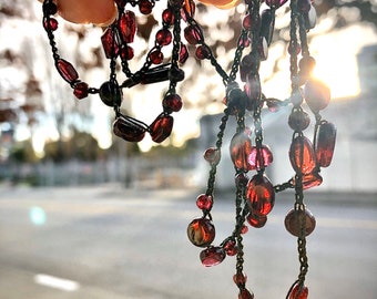 Long Garnet Crochet Strand Necklace